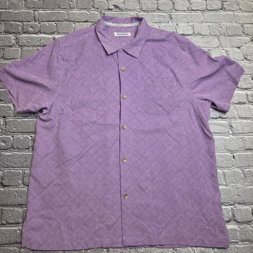 Tommy Bahama Shirt Mens XL Purple 100% Silk Diamond Jacquard Camp Button Front